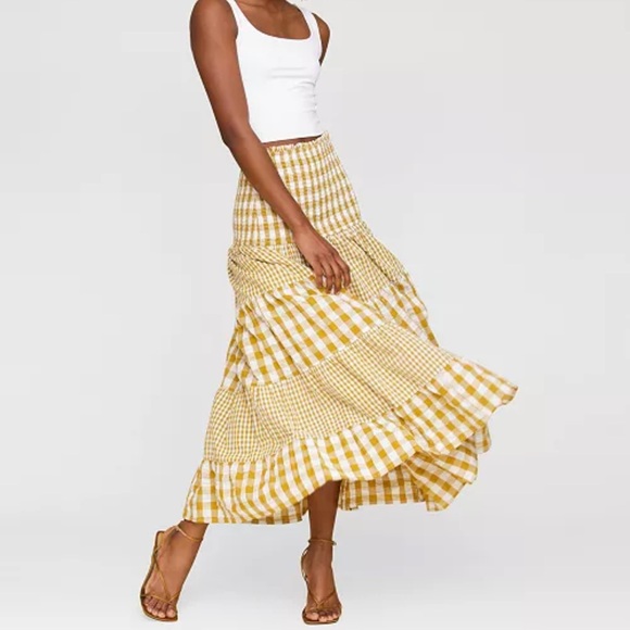 Avec les filles CONVERTIBLE COTTON GINGHAM TIERED MAXI SKIRT - Picture 1 of 5